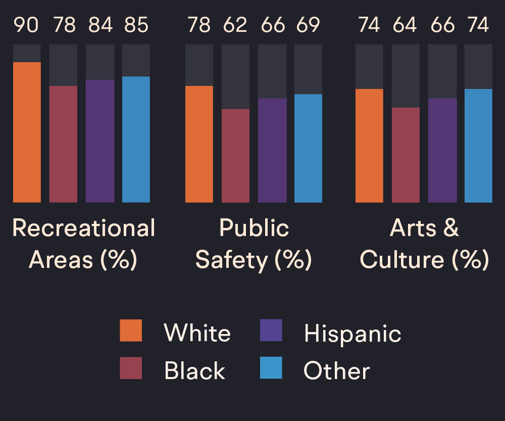 A chart showing how different racial groups have different access to recreational areas, safe spaces, and arts programs. White individuals are more likely to have access to these features of a city than non-Whites.